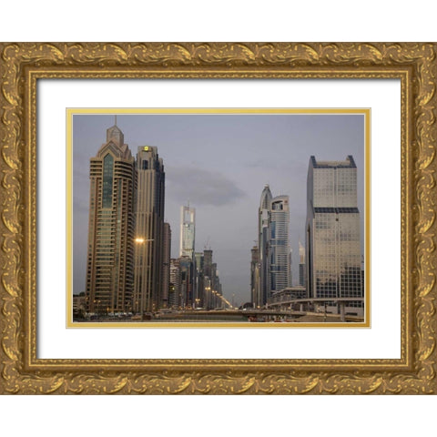 UAE, Dubai Towers along Sheik Zayed Road Gold Ornate Wood Framed Art Print with Double Matting by Young, Bill