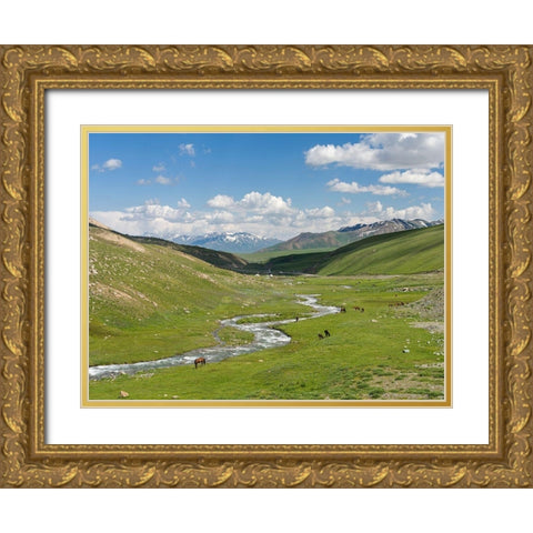 Horses on summer pasture The Suusamyr plain-a high valley in Tien Shan Mountains-Kyrgyzstan Gold Ornate Wood Framed Art Print with Double Matting by Zwick, Martin