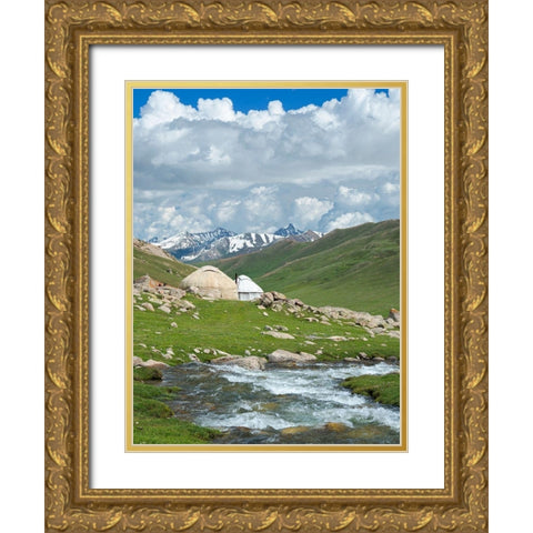 Landscape with Yurt at the Otmok mountain pass in the Tien Shan or heavenly mountains-Kyrgyzstan Gold Ornate Wood Framed Art Print with Double Matting by Zwick, Martin