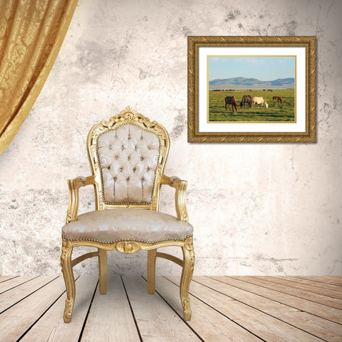 Horses on their mountain pasture at lake Song Kol  Gold Ornate Wood Framed Art Print with Double Matting by Zwick, Martin
