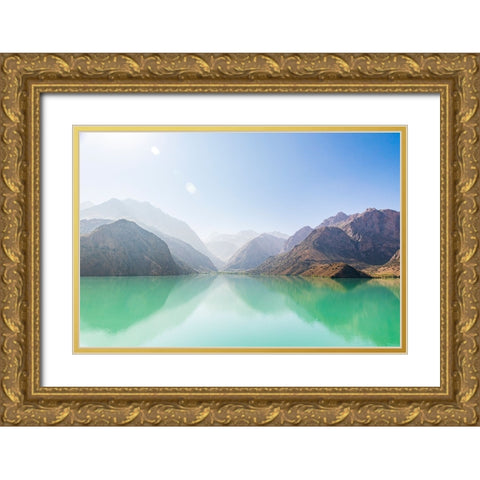 Iskanderkul-Sughd Province-Tajikistan Misty mountains above Iskanderkul Lake Gold Ornate Wood Framed Art Print with Double Matting by Wilson, Emily M.