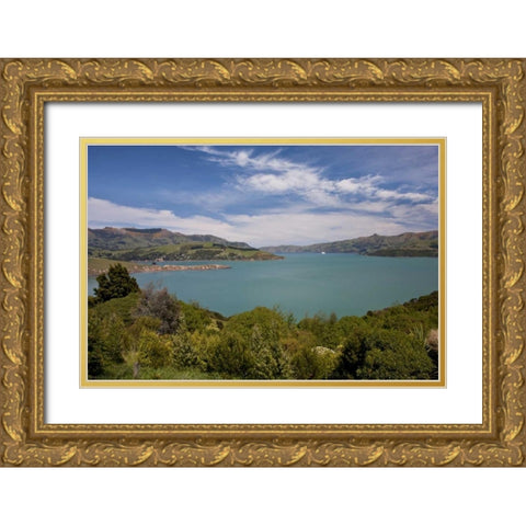 New Zealand, South Island, Akaroa Harbor scenic Gold Ornate Wood Framed Art Print with Double Matting by Grall, Don
