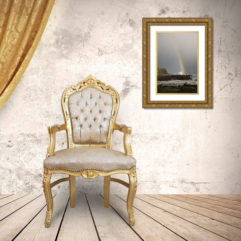 New Zealand, South Island Rainbow over Curio Bay Gold Ornate Wood Framed Art Print with Double Matting by Grall, Don