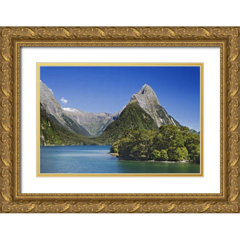 New Zealand, South Island Mitre Peak and lake Gold Ornate Wood Framed Art Print with Double Matting by Flaherty, Dennis