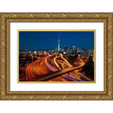 Motorways-Lightpath cycleway-and Skytower at dusk-Auckland-North Island-New Zealand Gold Ornate Wood Framed Art Print with Double Matting by Wall, David