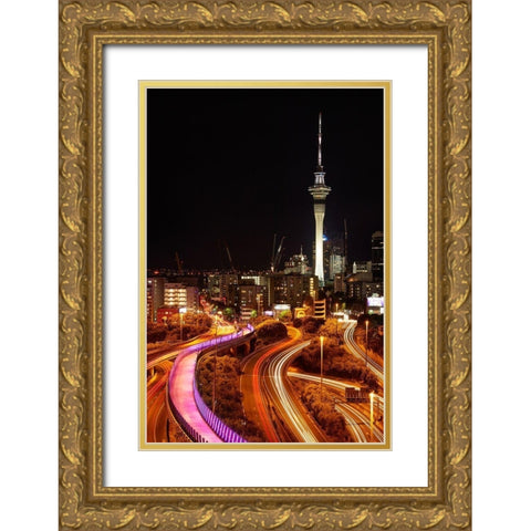 Motorways-Lightpath cycleway-and Skytower at night-Auckland-North Island-New Zealand Gold Ornate Wood Framed Art Print with Double Matting by Wall, David