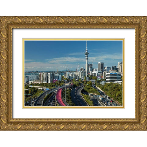 Motorways-Lightpath cycleway-and Skytower-Auckland-North Island-New Zealand Gold Ornate Wood Framed Art Print with Double Matting by Wall, David