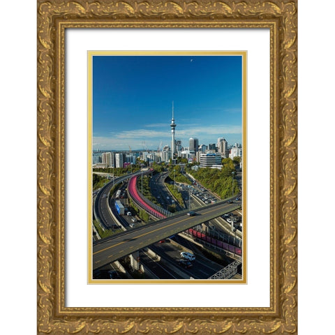 Motorways-Lightpath cycleway-and Skytower-Auckland-North Island-New Zealand Gold Ornate Wood Framed Art Print with Double Matting by Wall, David