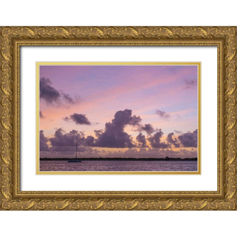 Bahamas, Exuma Is Sailboat anchored at sunset Gold Ornate Wood Framed Art Print with Double Matting by Paulson, Don