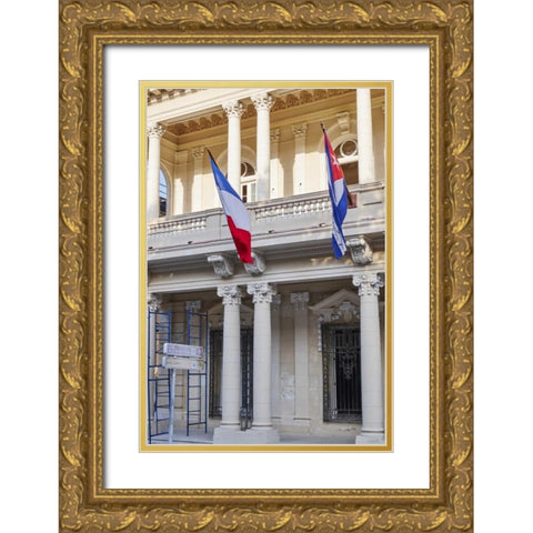 West Indies, Cuba, Havana French and Cuban flags Gold Ornate Wood Framed Art Print with Double Matting by Ross, Nancy ,  Steve