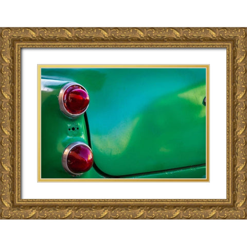 Detail of two red tail lights on classic green car in Trinidad-Cuba Gold Ornate Wood Framed Art Print with Double Matting by Miglavs, Janis