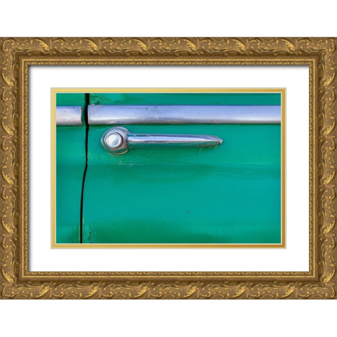 Detail of door handle on classic green car in Trinidad-Cuba Gold Ornate Wood Framed Art Print with Double Matting by Miglavs, Janis