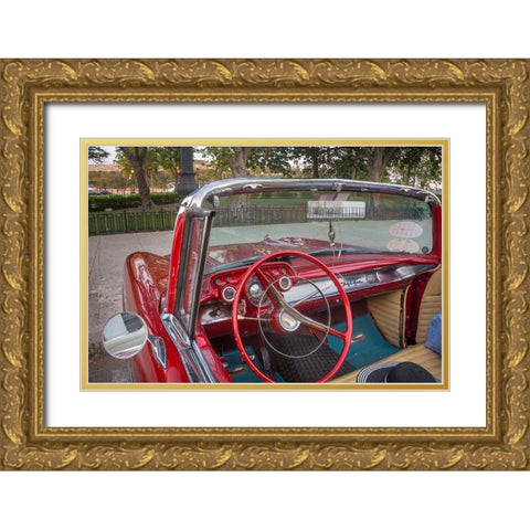 Interior view of red 57 Chevrolet Bel Air convertible in Habana-Havana-Cuba Gold Ornate Wood Framed Art Print with Double Matting by Miglavs, Janis