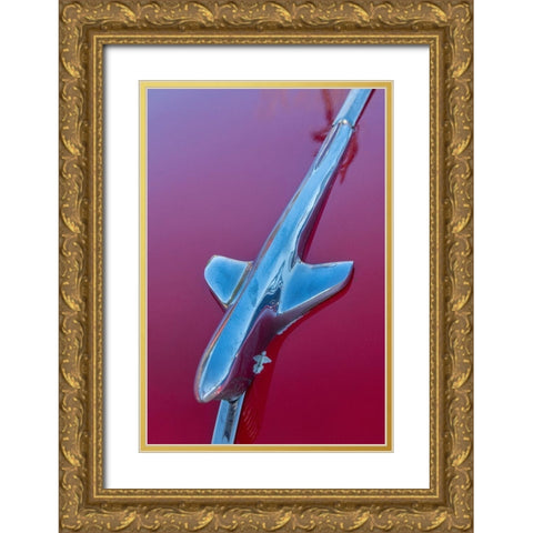 Detail of hood ornament on red classic American car in Habana-Havana-Cuba Gold Ornate Wood Framed Art Print with Double Matting by Miglavs, Janis