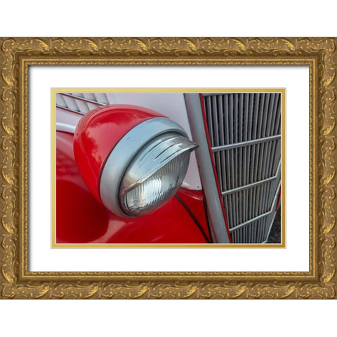 Detail of head light and grill on red classic American Ford in Habana-Havana-Cuba Gold Ornate Wood Framed Art Print with Double Matting by Miglavs, Janis