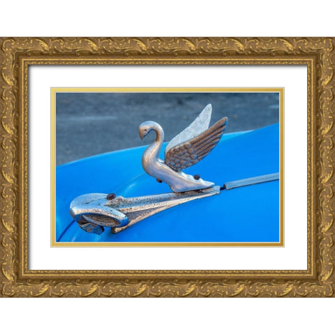 Close-up a swan hood ornament on a classic blue American car in Vieja-old Habana-Havana-Cuba Gold Ornate Wood Framed Art Print with Double Matting by Miglavs, Janis