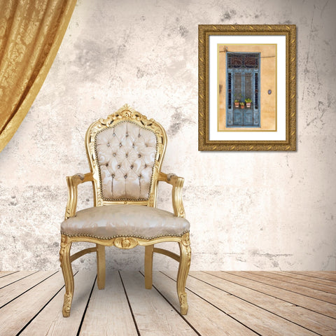 Flower pots sit in wrought iron gate in front of blue door in Old Havana; La Habana Vieja-Cuba Gold Ornate Wood Framed Art Print with Double Matting by Miglavs, Janis