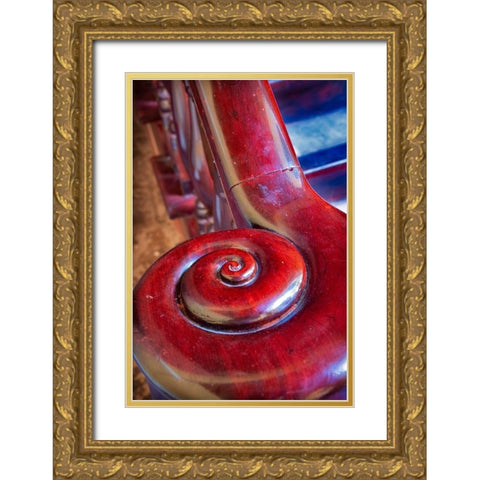 Snail shell-like curve on red wooden bannister handrail in Trinidad-Cuba Gold Ornate Wood Framed Art Print with Double Matting by Miglavs, Janis