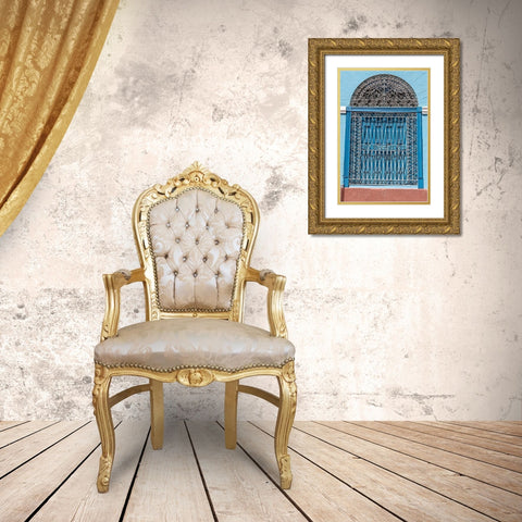 Ornate wrought iron covering on blue wooden window shutters-Trinidad-Cuba Gold Ornate Wood Framed Art Print with Double Matting by Miglavs, Janis