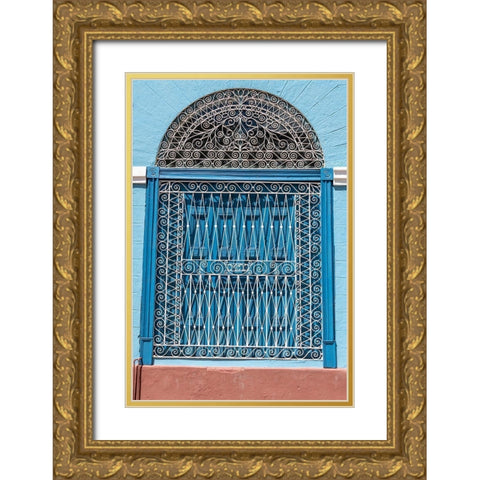 Ornate wrought iron covering on blue wooden window shutters-Trinidad-Cuba Gold Ornate Wood Framed Art Print with Double Matting by Miglavs, Janis