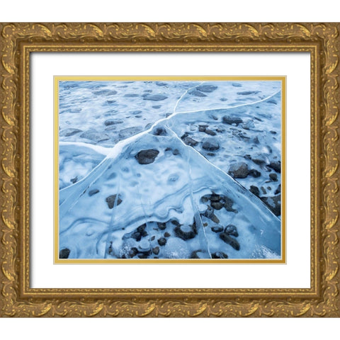 Canada-Alberta-Canmore-Spray Valley Provincial Park-Ice abstract at Spray Lakes Gold Ornate Wood Framed Art Print with Double Matting by Collins, Ann