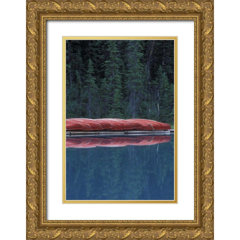 Canada, Alberta Canoes line the Lake Louise Gold Ornate Wood Framed Art Print with Double Matting by Anon, Josh