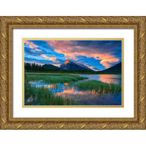 Canada-Alberta-Banff National Park Vermillion Lakes and Mt Rundle at sunrise Gold Ornate Wood Framed Art Print with Double Matting by Jaynes Gallery