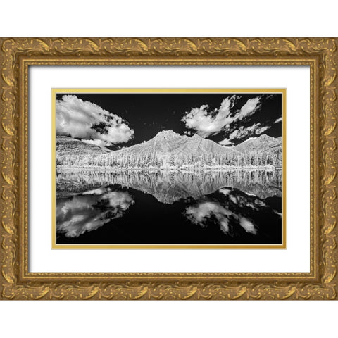 Canada-Alberta-Kananaskis Provincial Park Black and white of clouds reflected in Lorette Ponds Gold Ornate Wood Framed Art Print with Double Matting by Jaynes Gallery