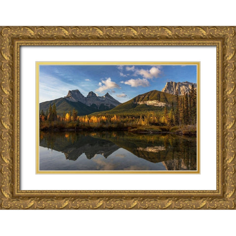 Three Sisters reflect into pool in Canmore-Alberta-Canada Gold Ornate Wood Framed Art Print with Double Matting by Haney, Chuck