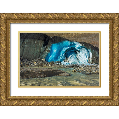 Blue ice and meltwater at the toe of the Athabasca Glacier-Jasper National Park-Alberta-Canada Gold Ornate Wood Framed Art Print with Double Matting by Bishop, Russ