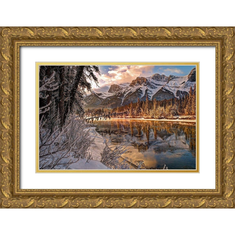 Bow river makes its icy way through Canmore-Canada Gold Ornate Wood Framed Art Print with Double Matting by Steve Mohlenkamp