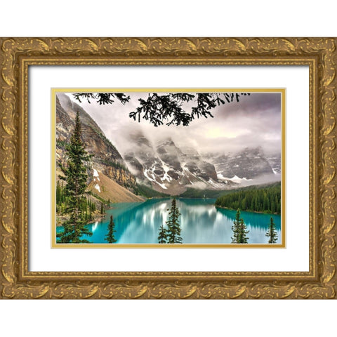 Moraine lake in the valley of the ten peaks in the Alberta-Canada Rocky Mountains Gold Ornate Wood Framed Art Print with Double Matting by Steve Mohlenkamp
