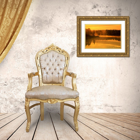 Canada, Manitoba Sunrise over Whiteshell River Gold Ornate Wood Framed Art Print with Double Matting by Grandmaison, Mike