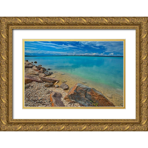 Canada-Manitoba-Little Limestone Lake Lake and rocks on shore Gold Ornate Wood Framed Art Print with Double Matting by Jaynes Gallery