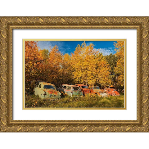 Canada-Manitoba-St Lupicin Vintage old vehicles in wrecking yard Gold Ornate Wood Framed Art Print with Double Matting by Jaynes Gallery