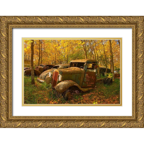 Canada-Manitoba-St Lupicin Vintage old vehicles in wrecking yard Gold Ornate Wood Framed Art Print with Double Matting by Jaynes Gallery