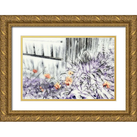 Canada Abstract of wooden building and garden Gold Ornate Wood Framed Art Print with Double Matting by Anon, Ellen