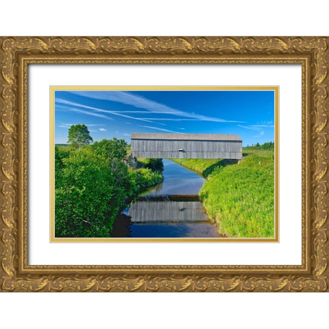 Canada-New Brunswick-Riverside-Albert Sawmill Creek covered bridge Gold Ornate Wood Framed Art Print with Double Matting by Jaynes Gallery