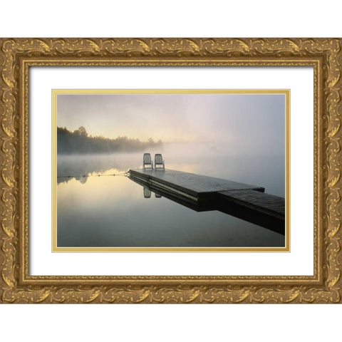 Canada, Ontario, Algonquin PP, Chairs on dock Gold Ornate Wood Framed Art Print with Double Matting by Rotenberg, Nancy