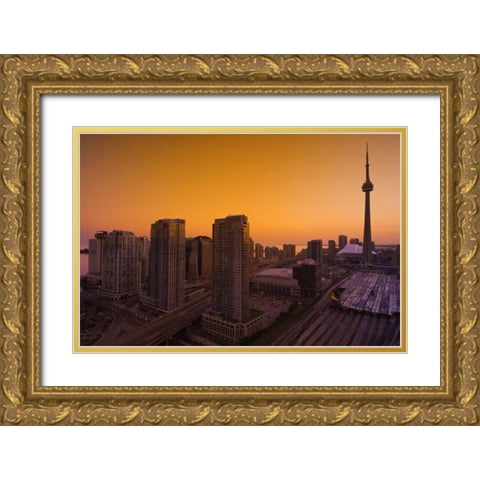 Toronto City at dusk with CN Tower Gold Ornate Wood Framed Art Print with Double Matting by Grandmaison, Mike
