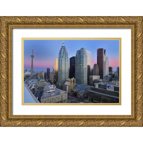 Toronto City at dusk with CN Tower Gold Ornate Wood Framed Art Print with Double Matting by Grandmaison, Mike
