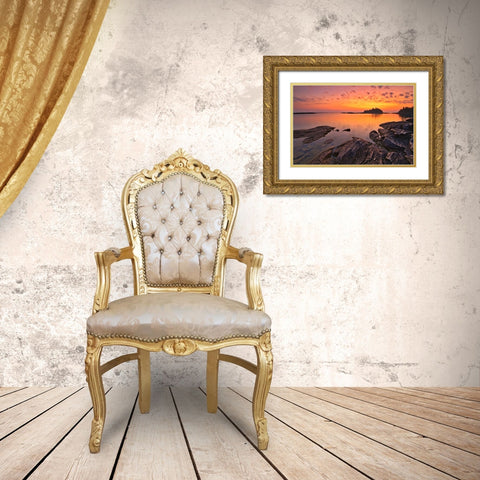Canada-Ontario-Bruce Peninsula National Park Island and rocks in Georgian Bay at sunset Gold Ornate Wood Framed Art Print with Double Matting by Jaynes Gallery