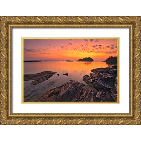 Canada-Ontario-Bruce Peninsula National Park Island and rocks in Georgian Bay at sunset Gold Ornate Wood Framed Art Print with Double Matting by Jaynes Gallery