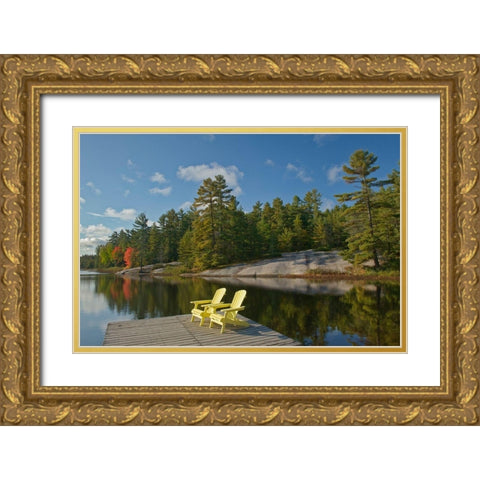 Canada-Ontario-Grundy Lake Provincial Park Muskoka chairs on lake dock Gold Ornate Wood Framed Art Print with Double Matting by Jaynes Gallery
