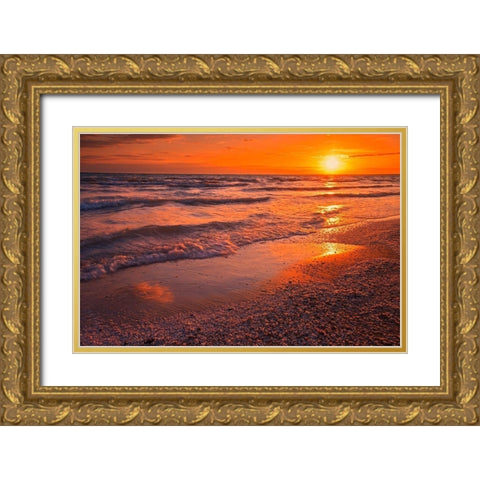 Canada-Ontario-Sandbanks Provincial Park-Waves on Lake Ontario beach at sunset Gold Ornate Wood Framed Art Print with Double Matting by Jaynes Gallery