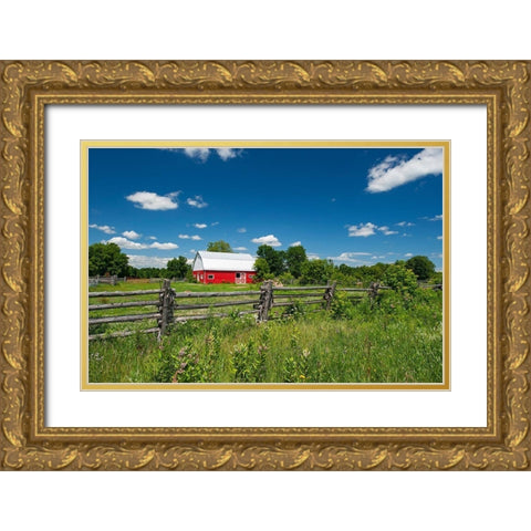 Canada-Ontario-Limoges Red barn and wooden fence Gold Ornate Wood Framed Art Print with Double Matting by Jaynes Gallery