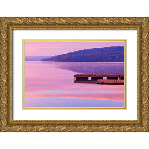 Canada-Ontario-Algonquin Provincial Park-Dock and fog on Lake of Two Rivers Gold Ornate Wood Framed Art Print with Double Matting by Jaynes Gallery