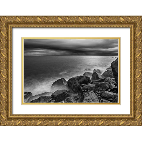 Canada-Quebec-Ruisseau Castor Shoreline rocks on Gulf of St Lawrence in storm light Gold Ornate Wood Framed Art Print with Double Matting by Jaynes Gallery