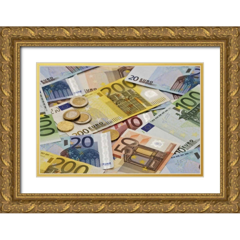 Montage mix of European paper and coin currency Gold Ornate Wood Framed Art Print with Double Matting by Flaherty, Dennis