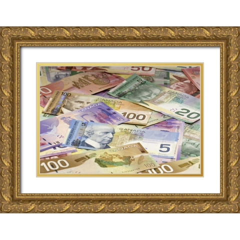 Close-up of assorted Canadian paper currency Gold Ornate Wood Framed Art Print with Double Matting by Flaherty, Dennis
